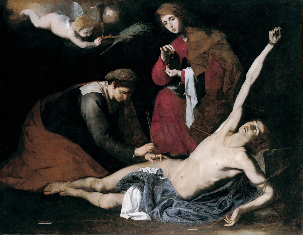 São Sebastião curado pelas Santas Mulheres - Pintura de José de Ribera disse il Spagnoletto ""o espanhol"" (1591-1652), cerca de 1621 de Jusepe de Ribera