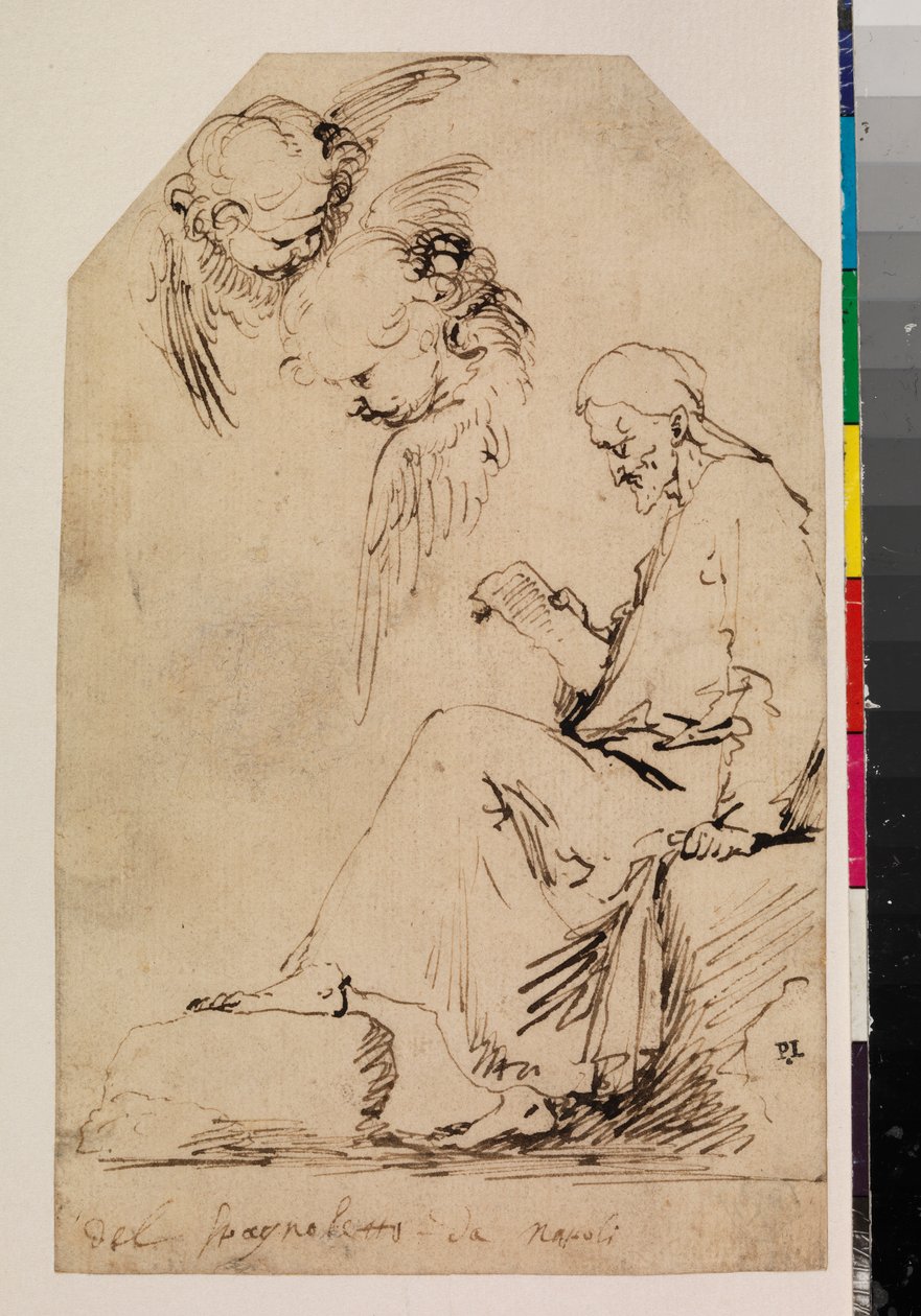 Folha de estudos com um homem sentado lendo e dois querubins, década de 1620 de Jusepe de Ribera