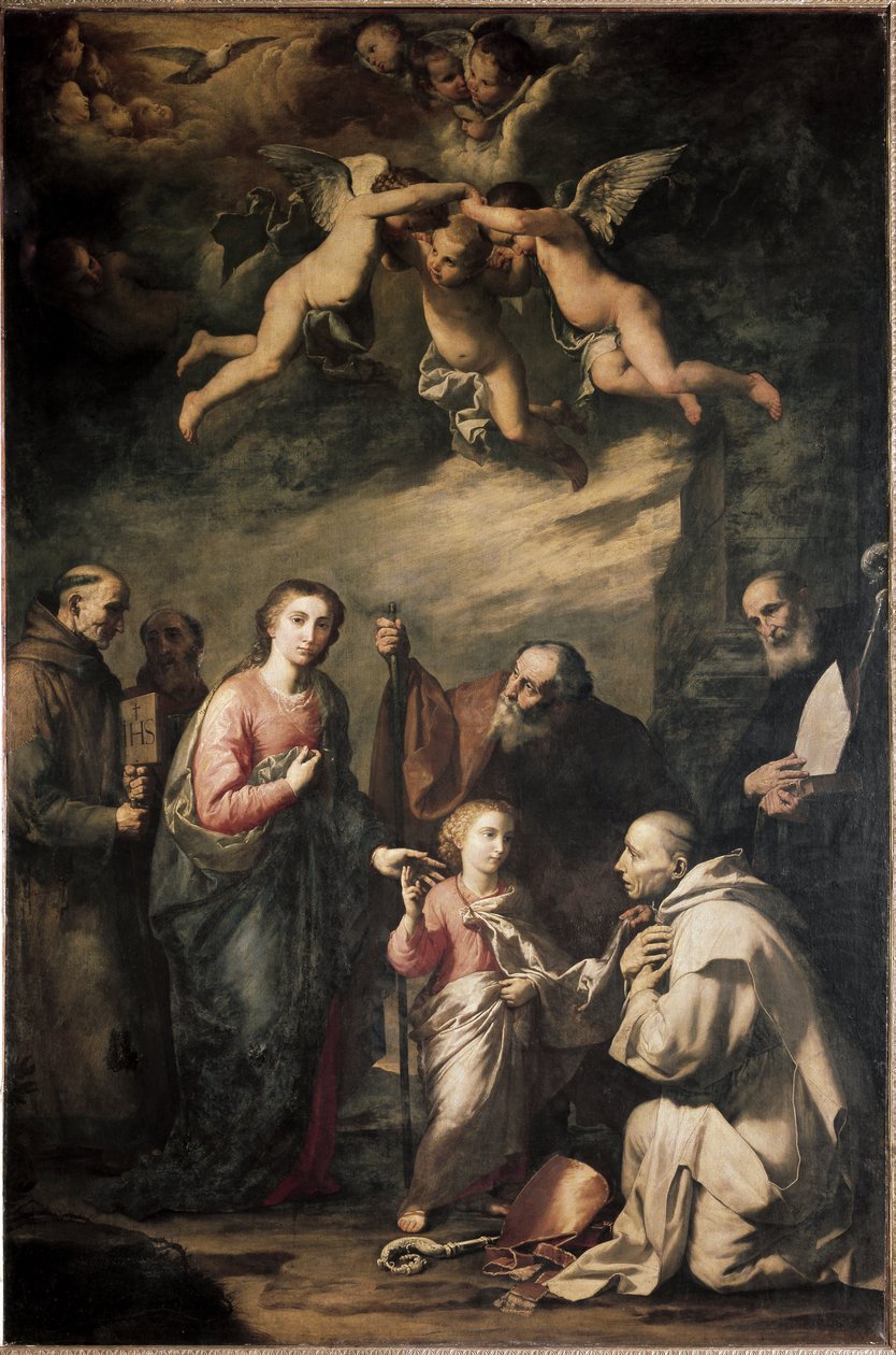A Sagrada Família com São Bruno de Colónia e outros santos - A Sagrada Família com São Bruno de Colónia e outros santos. Pintura de José (Jusepe) de Ribera, dit lo Spagnoletto (1591-1652) de Jusepe de Ribera