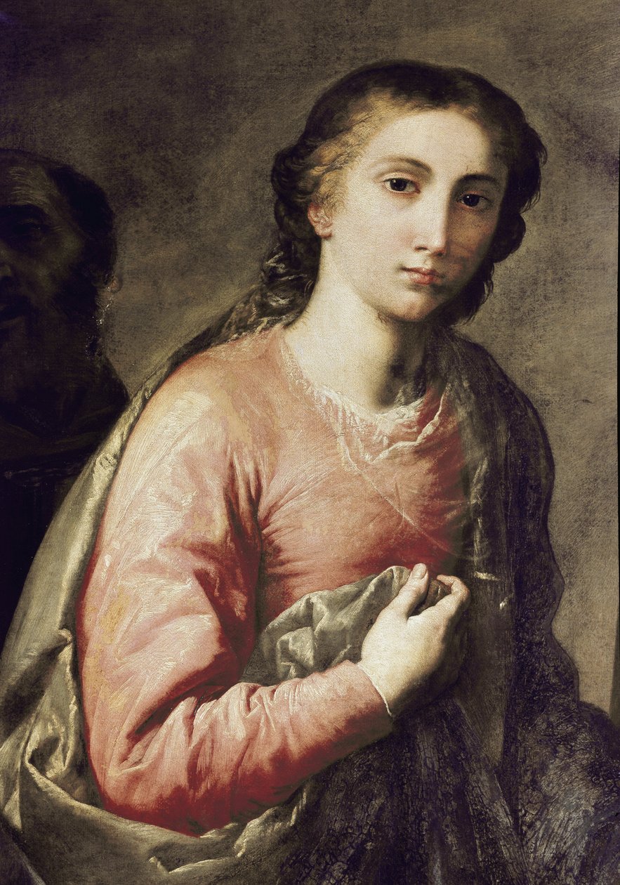A Virgem. Detalhe da Sagrada Família com São Bruno de Colónia e outros santos. Pintura de José (Jusepe) de Ribera, dit lo Spagnoletto (1591-1652) de Jusepe de Ribera