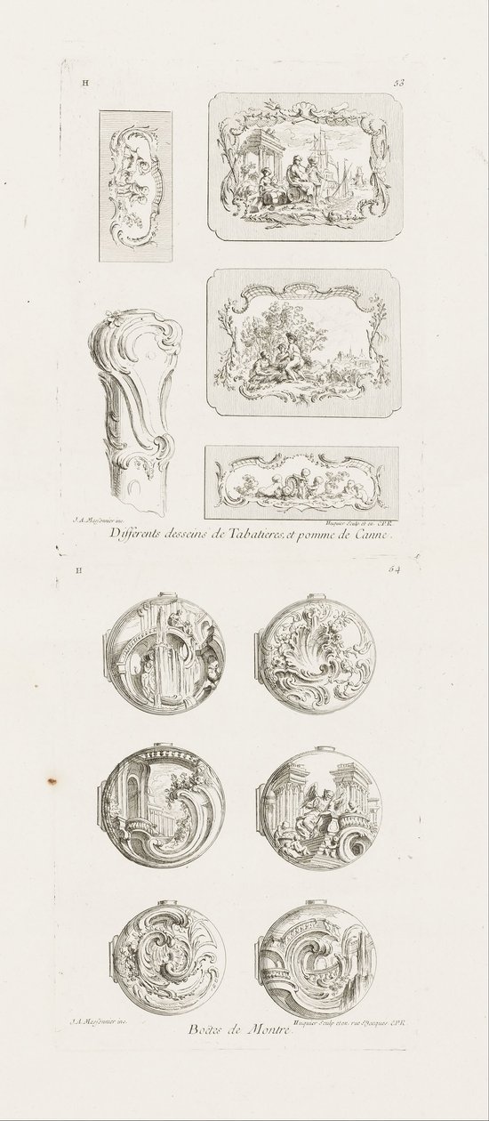 Diferentes desenhos de caixas de rapé e maçã de cana, quinto tabuleiro (desenhos diferentes para Snuff ... de Juste Aurèle Meissonnier