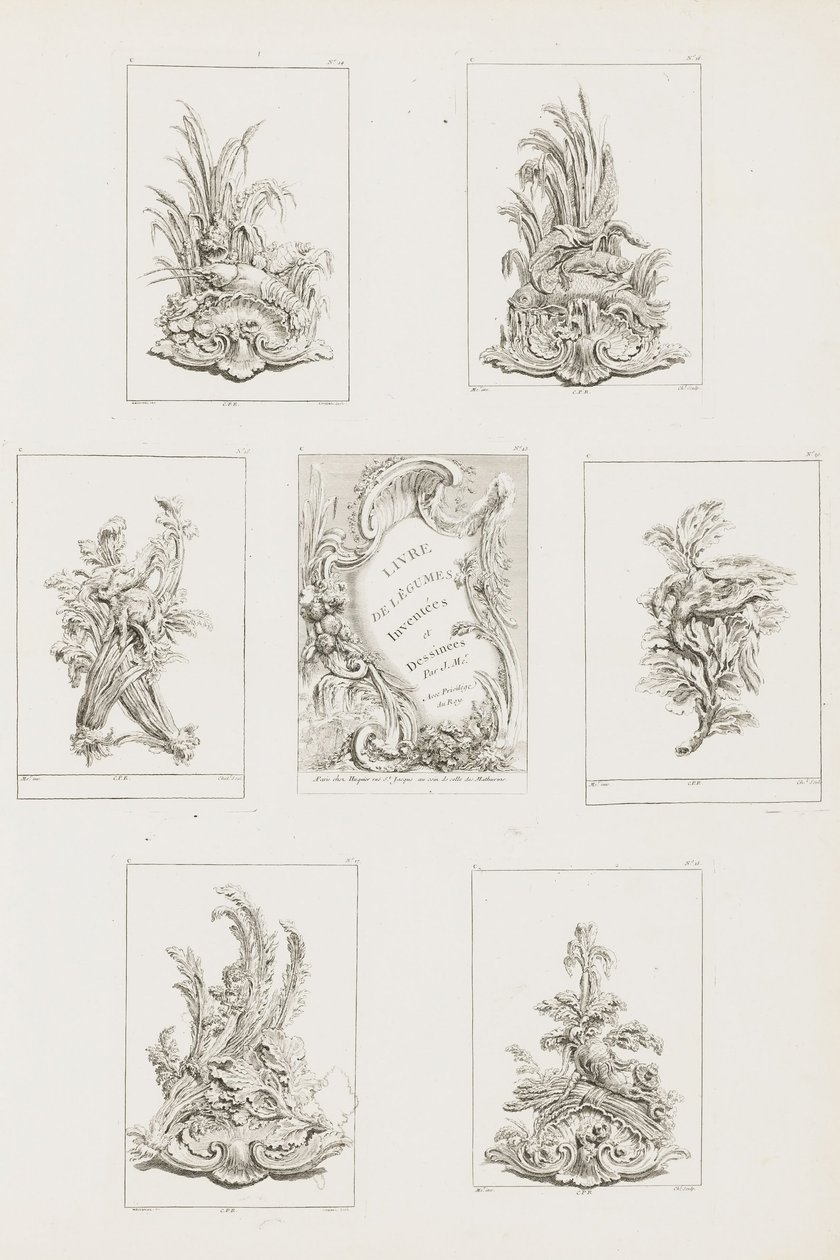 Design de ornamento com motivo de lagostas, pl. 14 em Livre des Légumes (Série de Legumes Ornamentais) pl. Eu... de Juste Aurèle Meissonnier