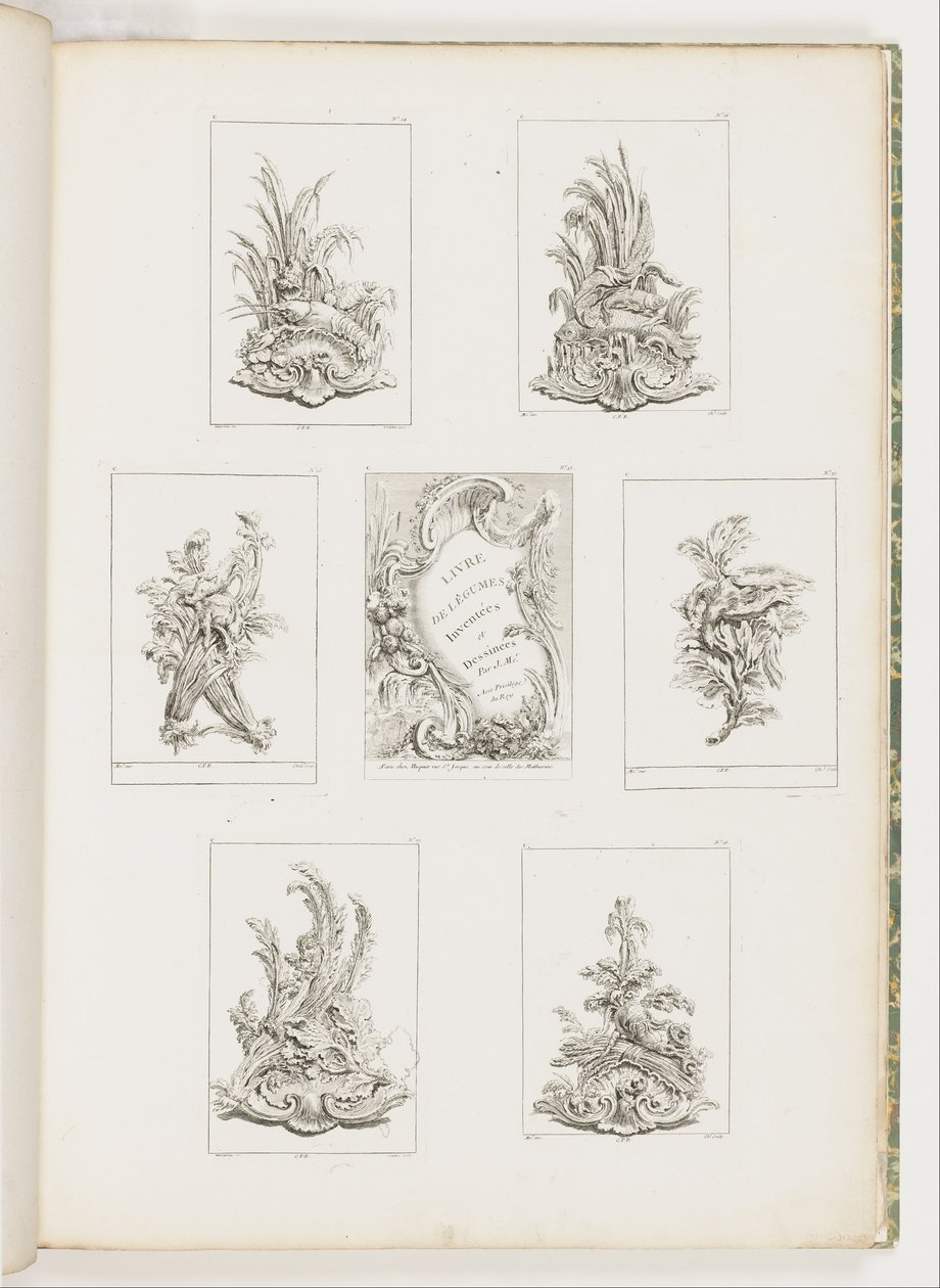 Projeto de ornamento com motivo lagostim, pl. 14 em Livre des Légumes (Série de Ornamentos Vegetais) pl. Eu de Juste Aurèle Meissonnier