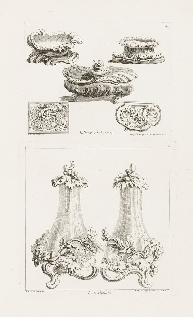 Sallieres et Tabatières (pratos de sal e caixas de rapé), prato 69 em Oeuvres de Juste Aurèle Meissonnier