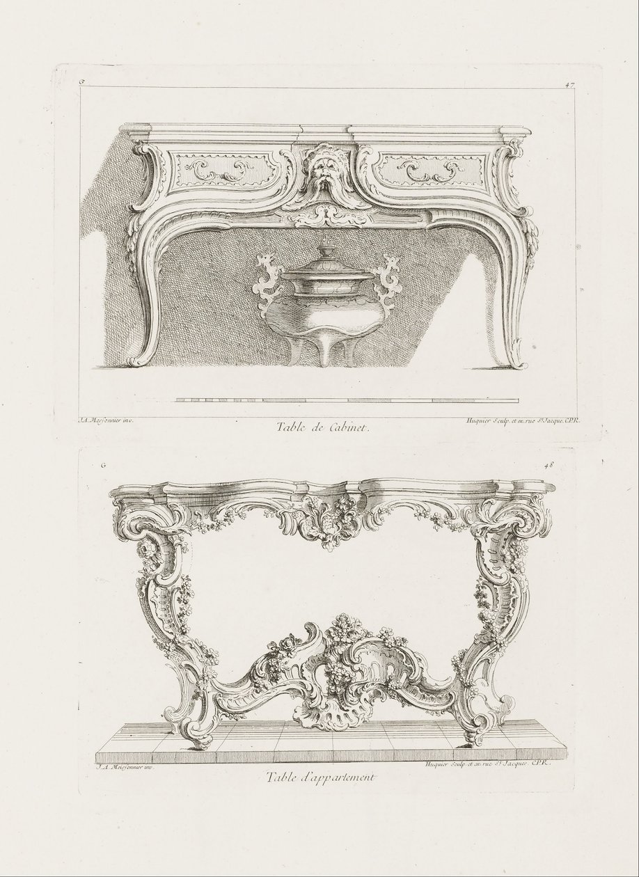 Table de Cabinet., 6th Plate (Study for a Table), pl. 47 em Oeuvre de Juste Aurèle Meissonnier