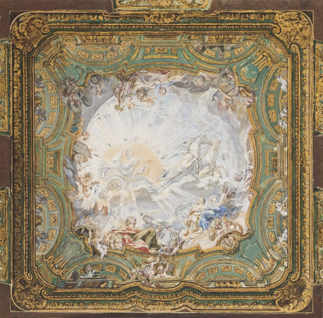 "Carruagem de Apolo", desenho do teto do gabinete do Conde Bielinski, Varsóvia, Polónia de Juste Aurèle Meissonnier