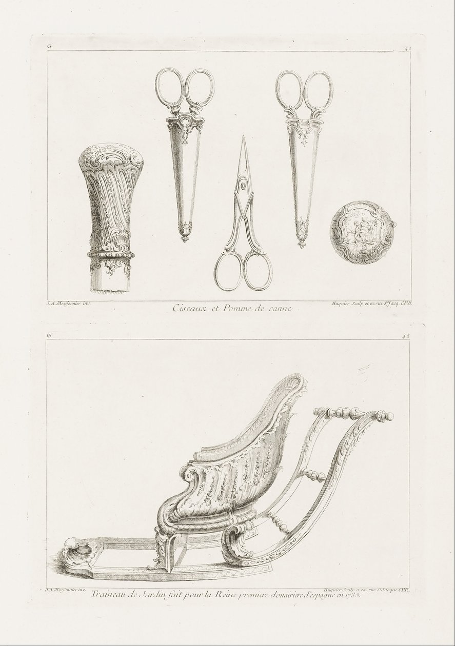 Desenho de tesouras e puxador de cana de Juste Aurèle Meissonnier