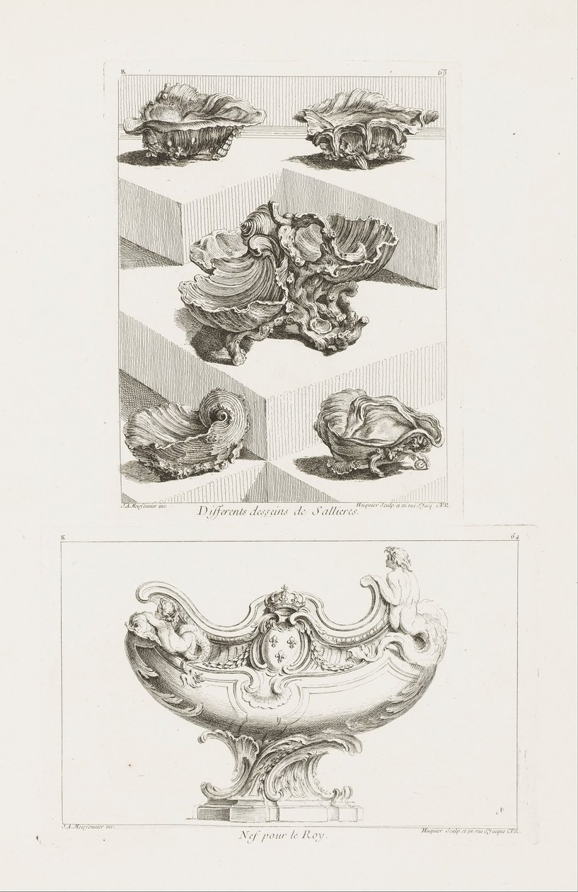 Diferentes Desseins de Sallieres (Vários Projetos para Pratos de Sal), pl. 63 na Obra de Juste-Aurele de Juste Aurèle Meissonnier