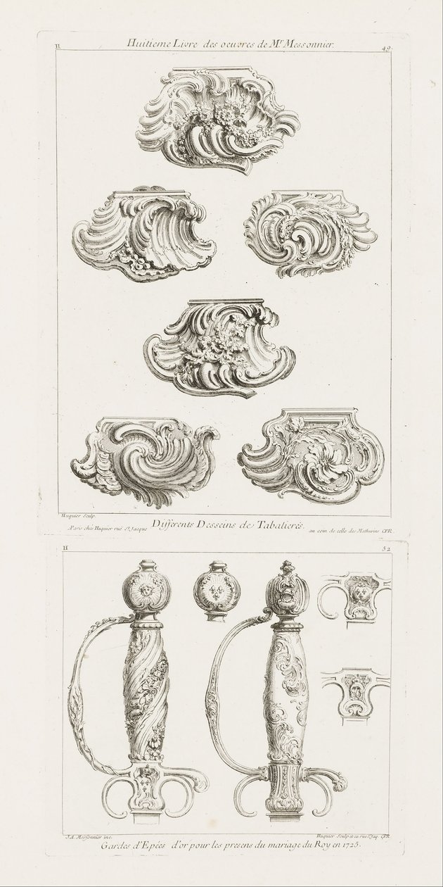 Guardas de Espadas Douradas para os Presentes do Casamento do Rei em 1725 Punho de Espada em Honra ao Casamento do Rei em 1725, pl. 52 na Obra de Juste-Aurele Meissonnier de Juste Aurèle Meissonnier