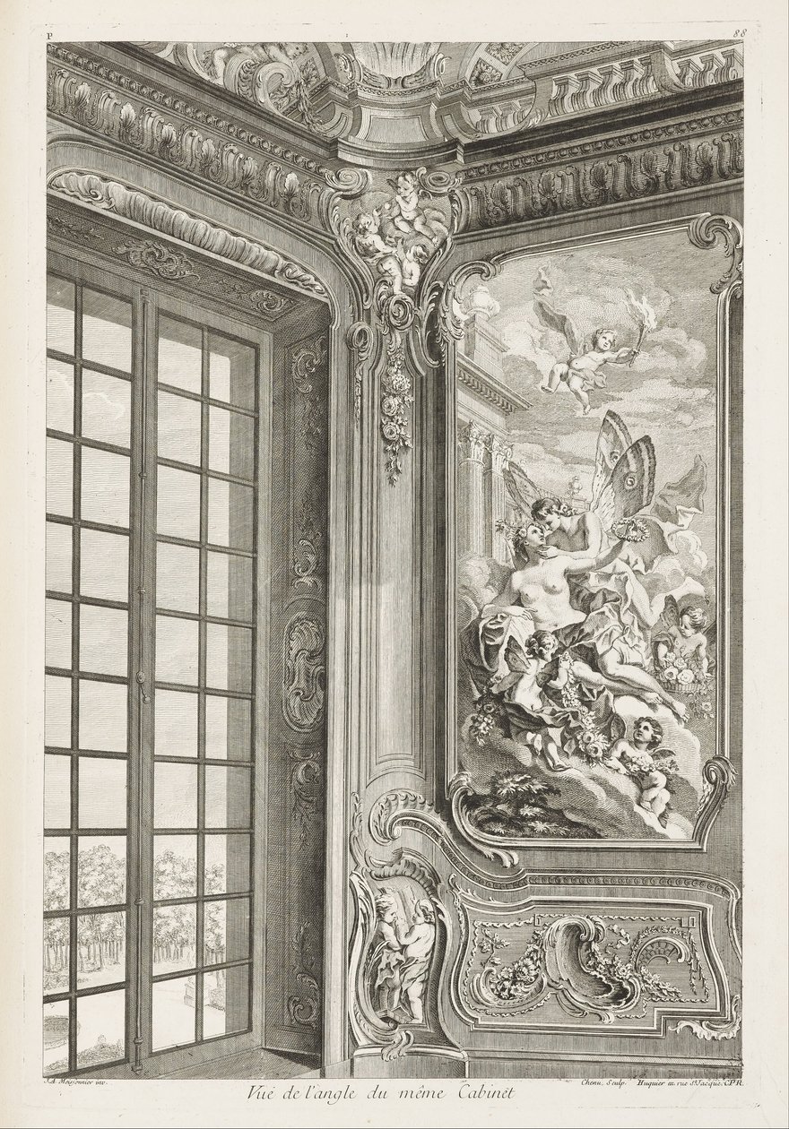 Vista do canto do mesmo gabinete; Vista do canto do mesmo gabinete, mostrando uma grande janela à esquerda e a pintura de Zéphyr et Flore à direita, 2ª Placa de Juste Aurèle Meissonnier