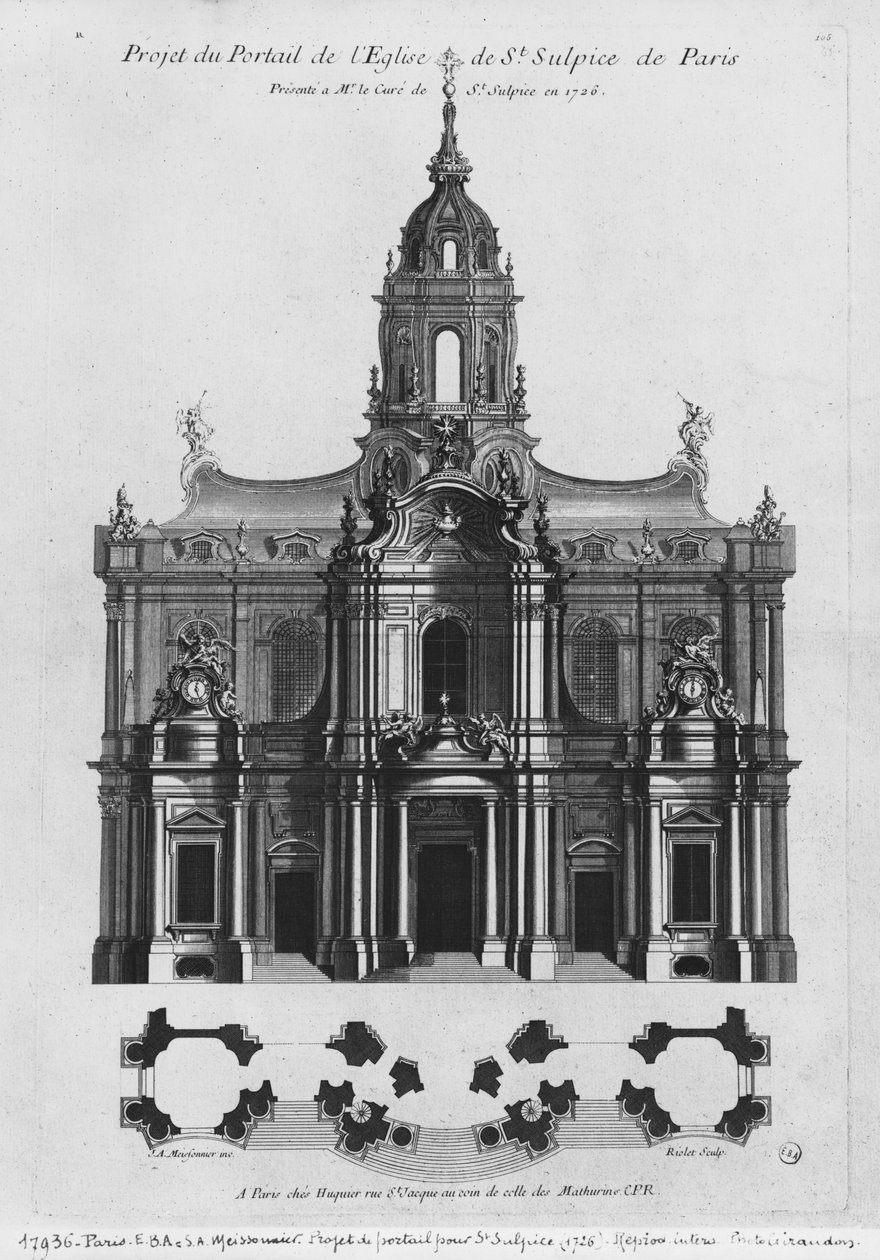 Projeto para a igreja de Saint-Sulpice, elevação da fachada, Paris, gravada por Riolet, 1726 (bw photo) de Justin Aurele Meissonier