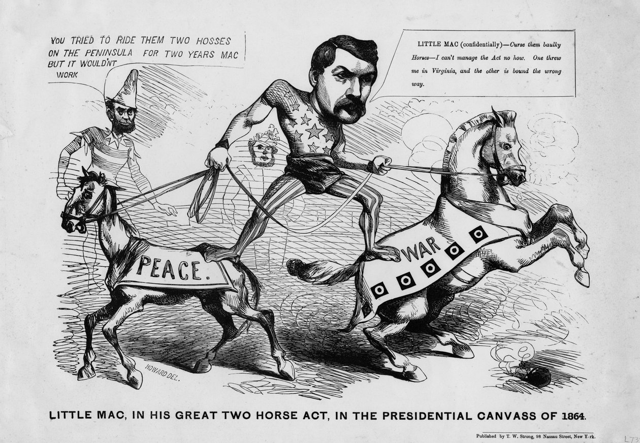 Little Mac, em seu grande ato de dois cavalos, na campanha presidencial de 1864, publicado pela TW Strong, Nova York, c.1864 de Justin Howard