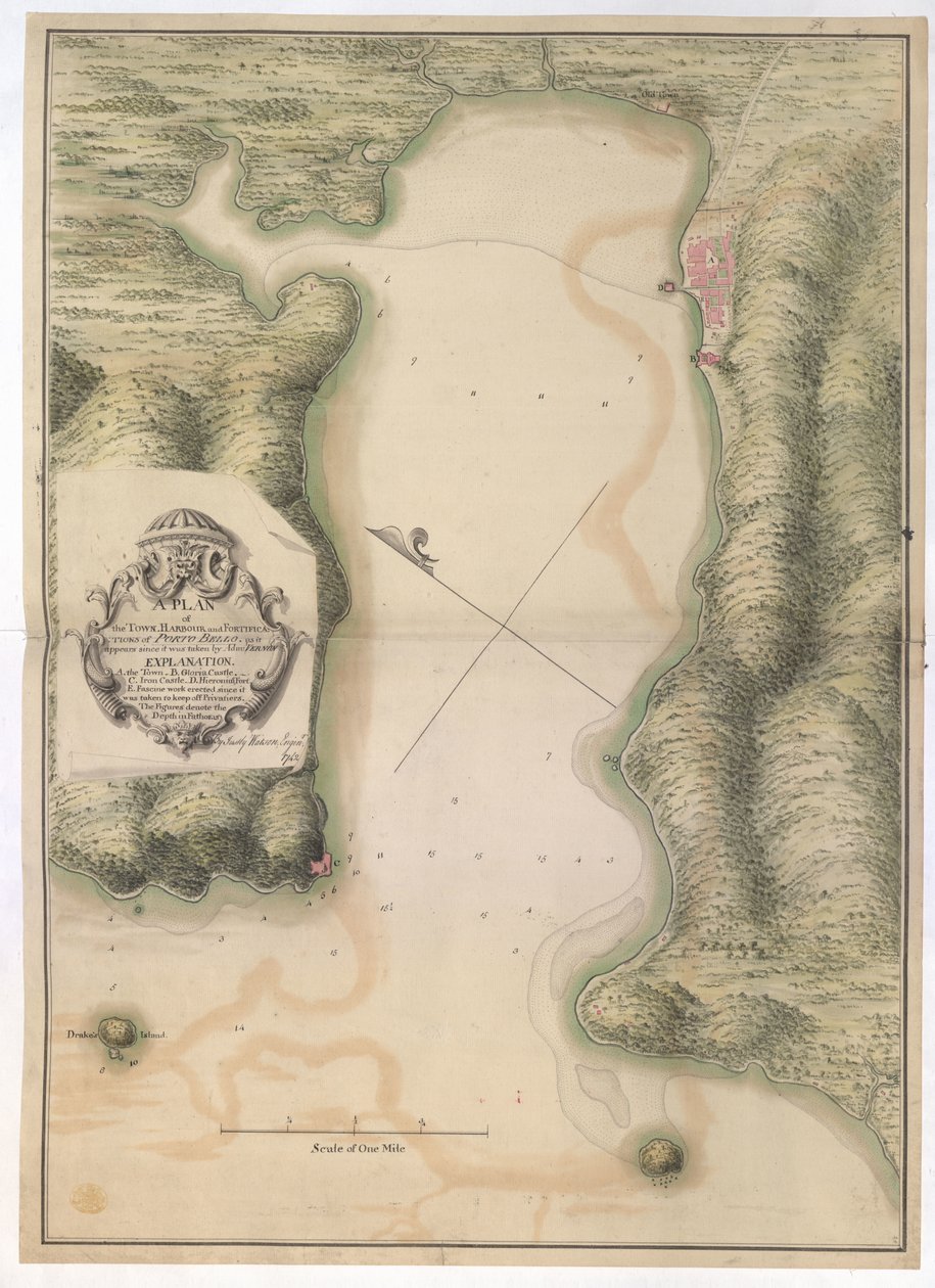 planta da cidade. HARBOUR and FORTIFICATIONS of PORTO BELLO. as it appears since it was taken by Adm: VERNON / Por Justly Watson; Enginr: 1742. de Justly Watson