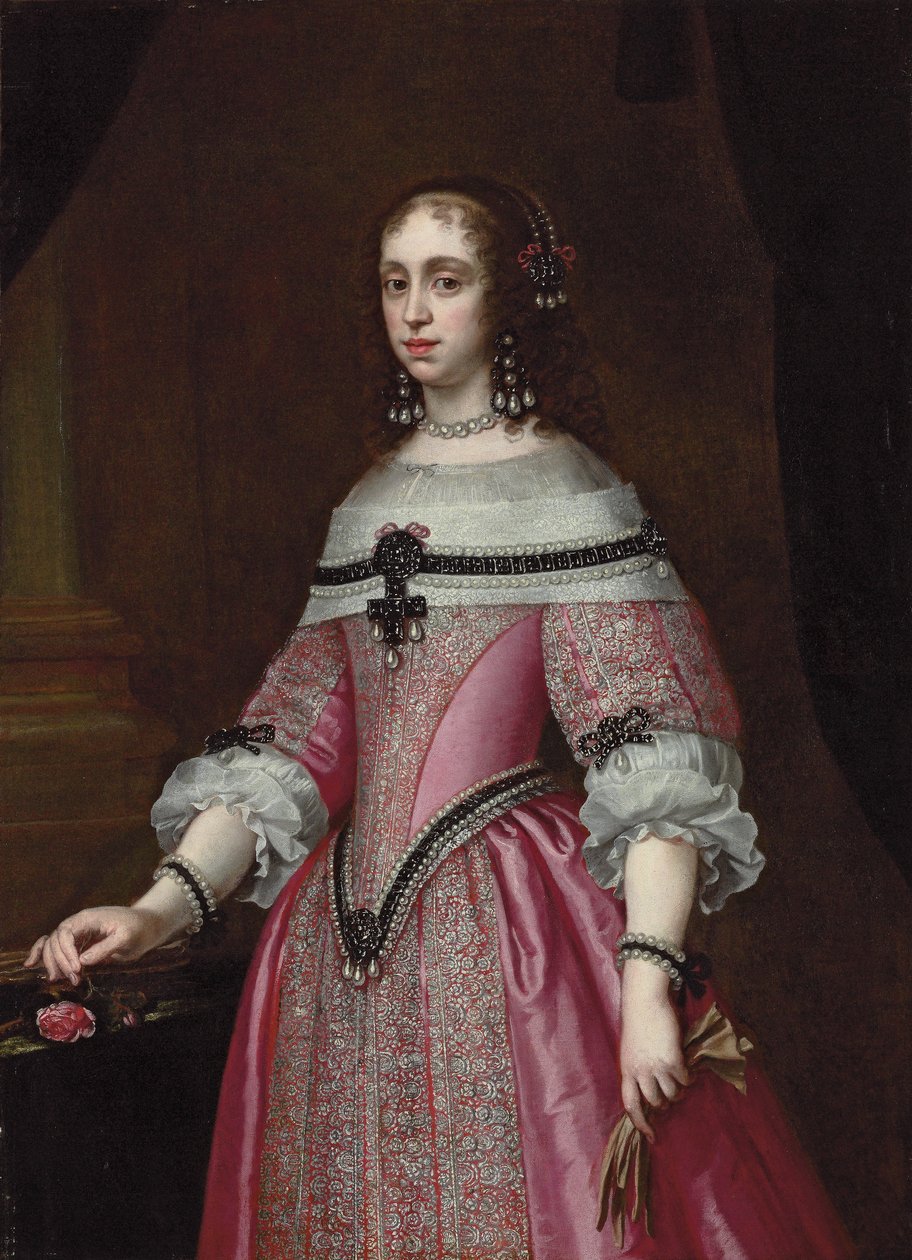 Retrato de uma senhora, três quartos de comprimento, em um vestido rosa bordado, cocar elaborado e brincos, segurando luvas na mão esquerda e uma rosa na direita, uma coluna drapeada atrás (óleo sobre tela) de Justus (circle of) Sustermans