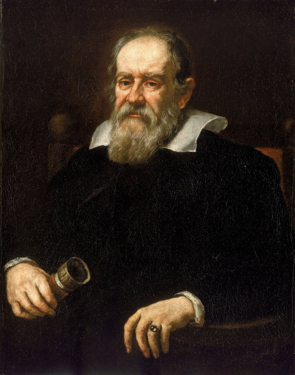 Retrato de Galileu Galilei, conhecido como Galileu Galilei, astrónomo italiano (1564-1642) Pintura da escola de Sustermans. de Justus (school of) Sustermans