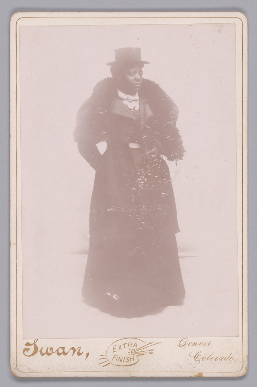 Cartão do gabinete de uma mulher não identificada com uma cartola e uma estola de pele, ca. 1895. de Justus C. Swan