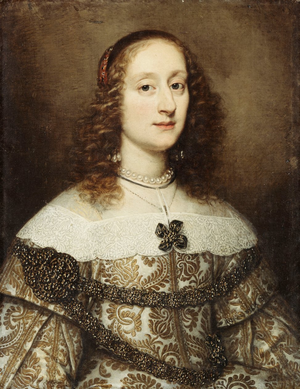 Retrato de uma senhora, meio comprimento, vestindo um vestido bordado de ouro, de Justus Sustermans