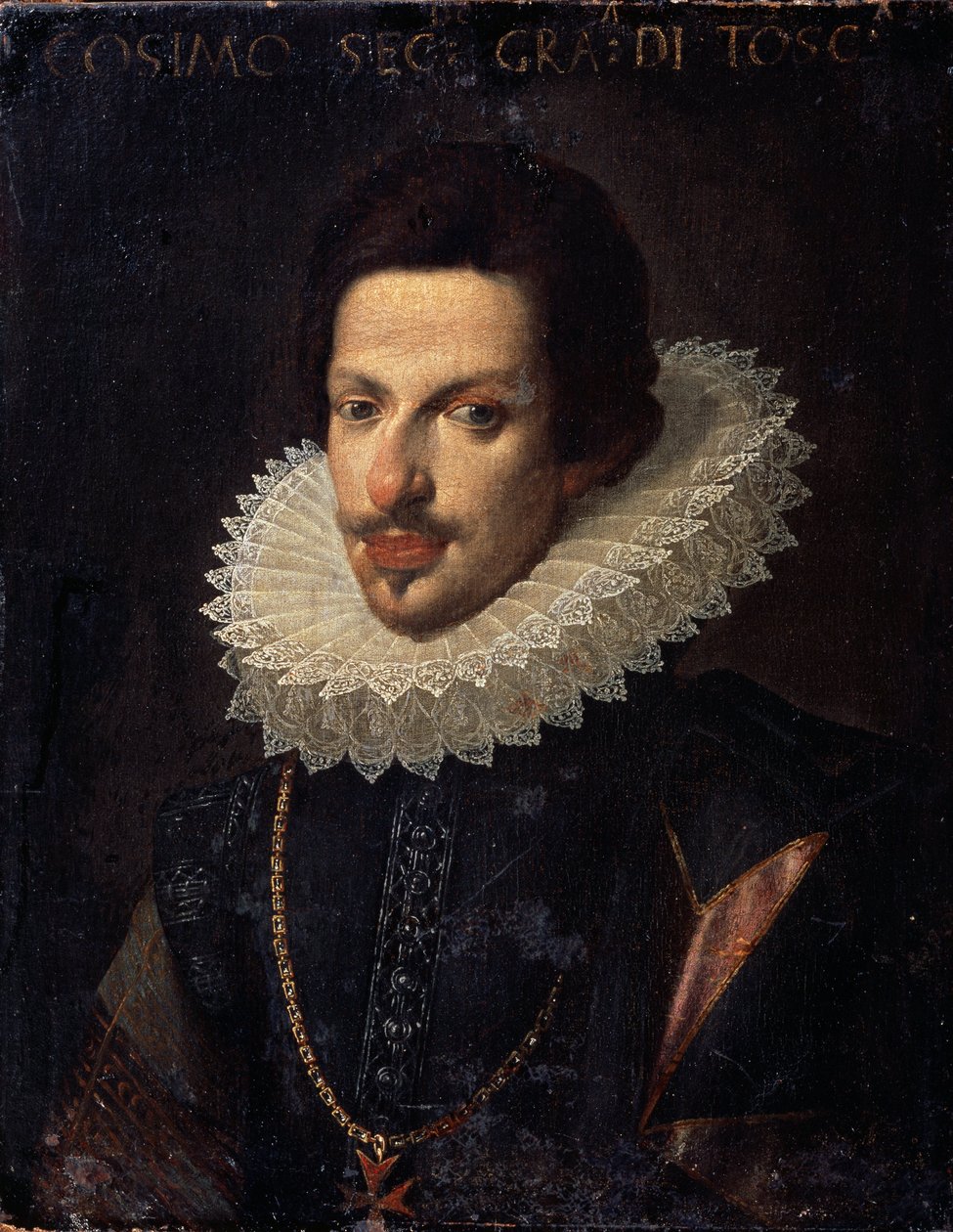 Retrato do Grão-Duque da Toscana Cosme II de Medici (1590-1621) (Retrato do Grão-Duque da Toscana Cosme (Cosme) II de Medici). Pintura de Justus Suttermans (1597-1681). Óleo sobre tela, 65 x 50 cm. Escola flamenga dos séculos XVI-XVIII. Museu Estadual de H de Justus Suttermans