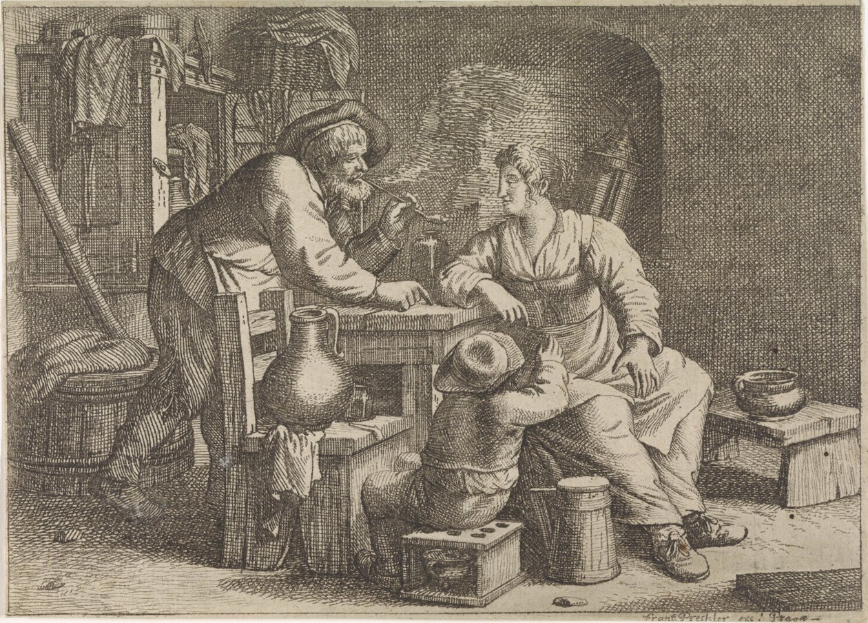 Interior com um agricultor fumador, uma mulher e um rapaz de Justus van den Nijpoort