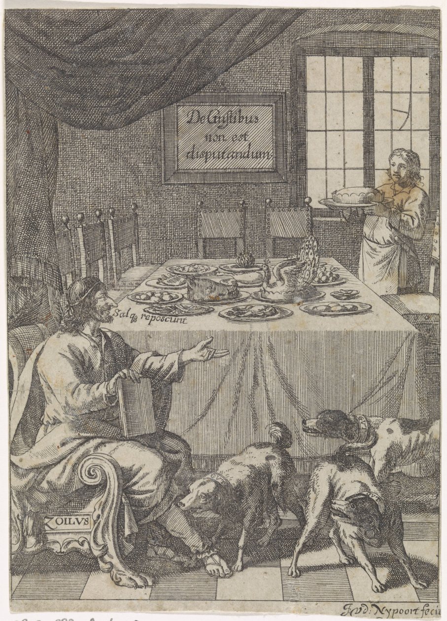Zoilus está sentado em uma mesa posta De Gustibus non est disputandum (título no objeto) de Justus van den Nijpoort
