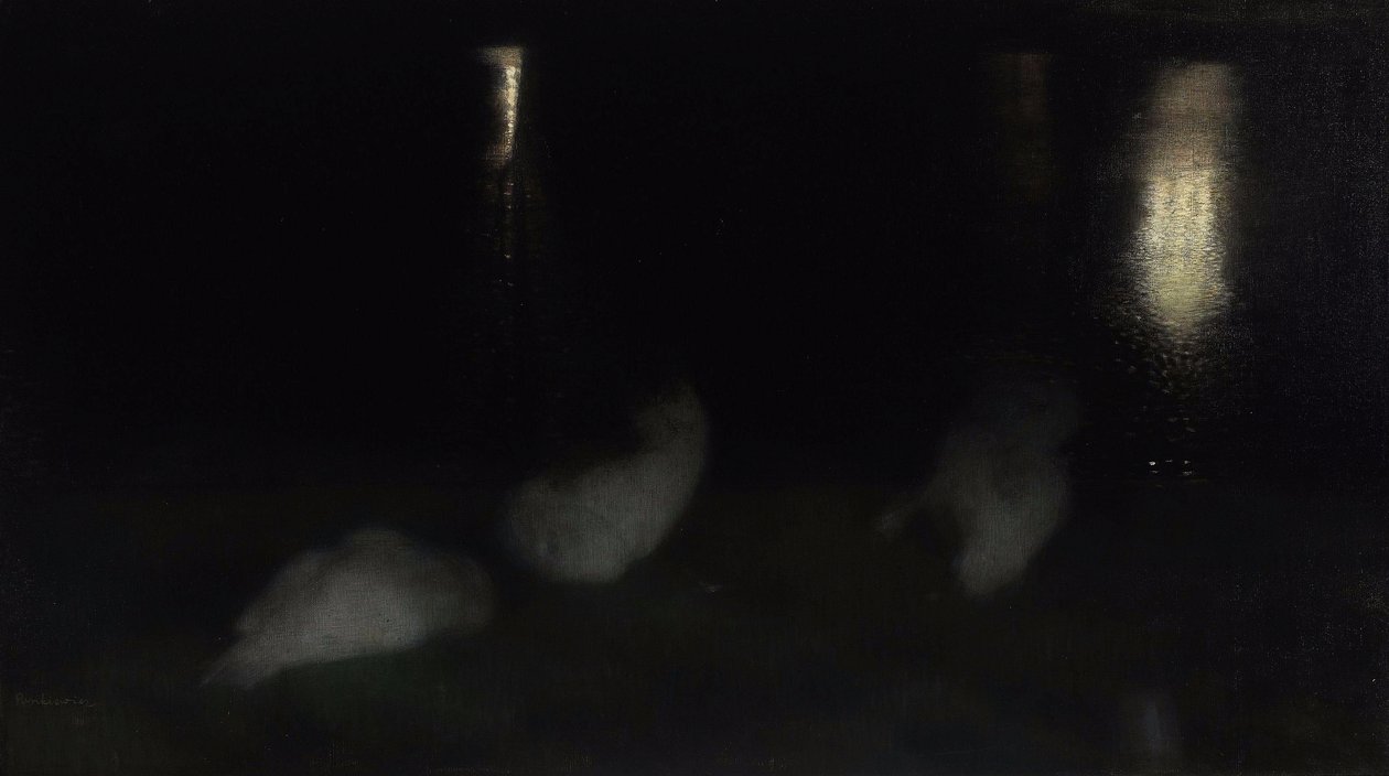 Noturno. Cisnes no Jardim Saxão em Varsóvia à noite de Jozef Pankiewicz