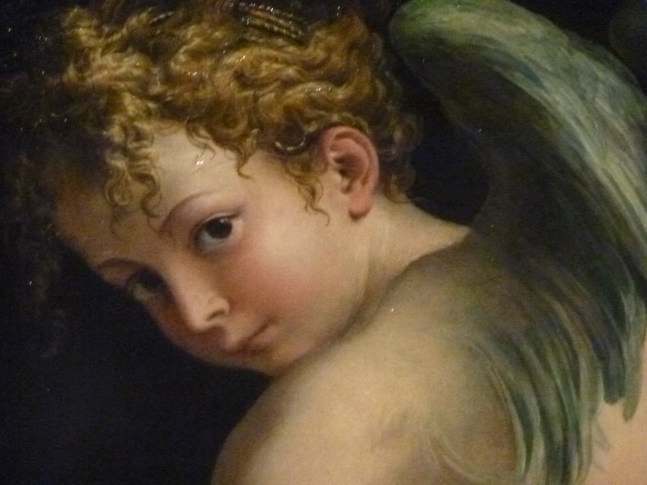 Francesco Mazzola, chamado Parmigianino .Cupid esculpindo seu arco, detalhe Kunsthistorisches Museum, Wien de Parmigianino