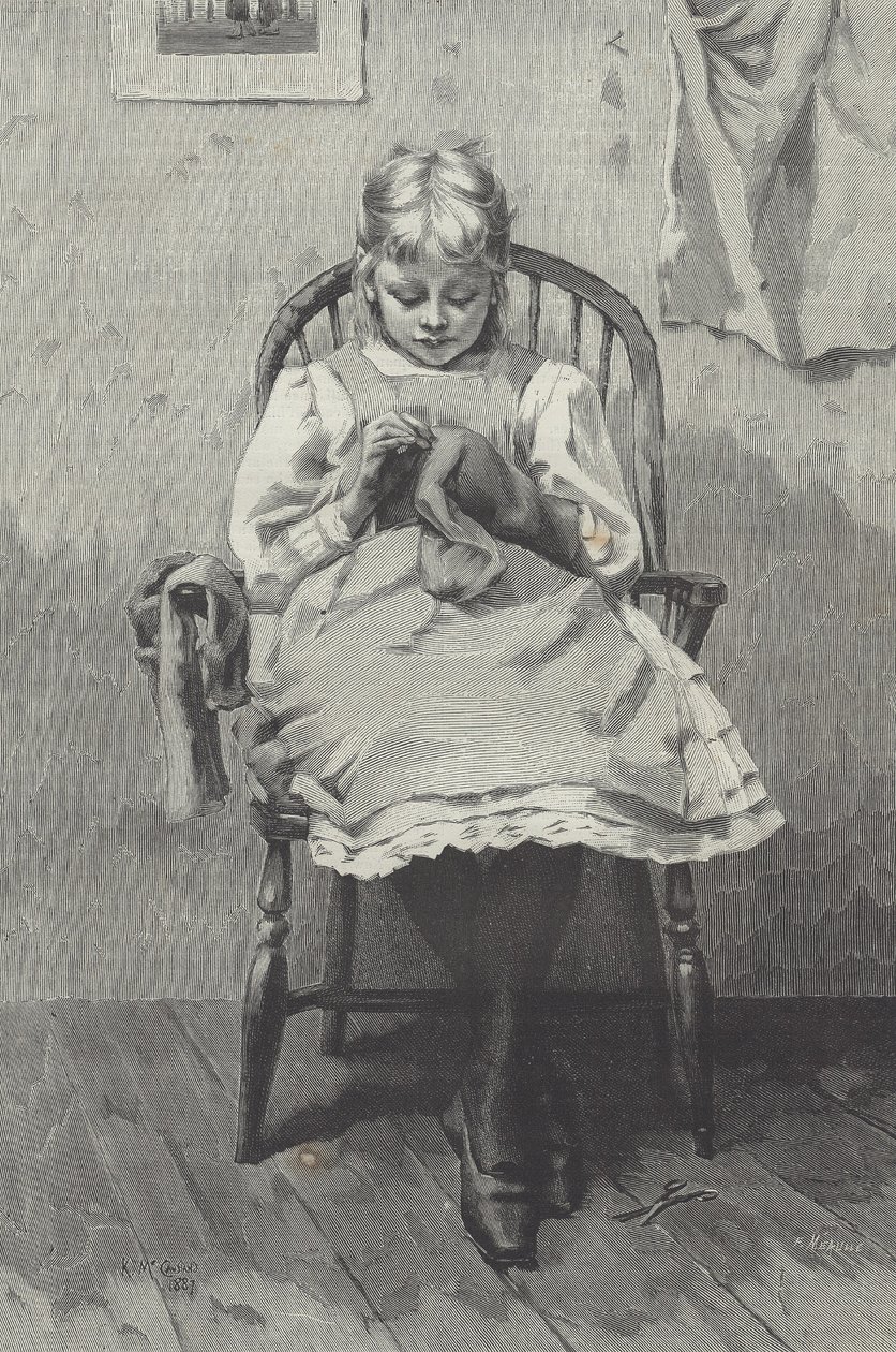 Adolescente costureira, gravura de Fortuné Méaulle (1844-1901) (gravura) de K. McCausland