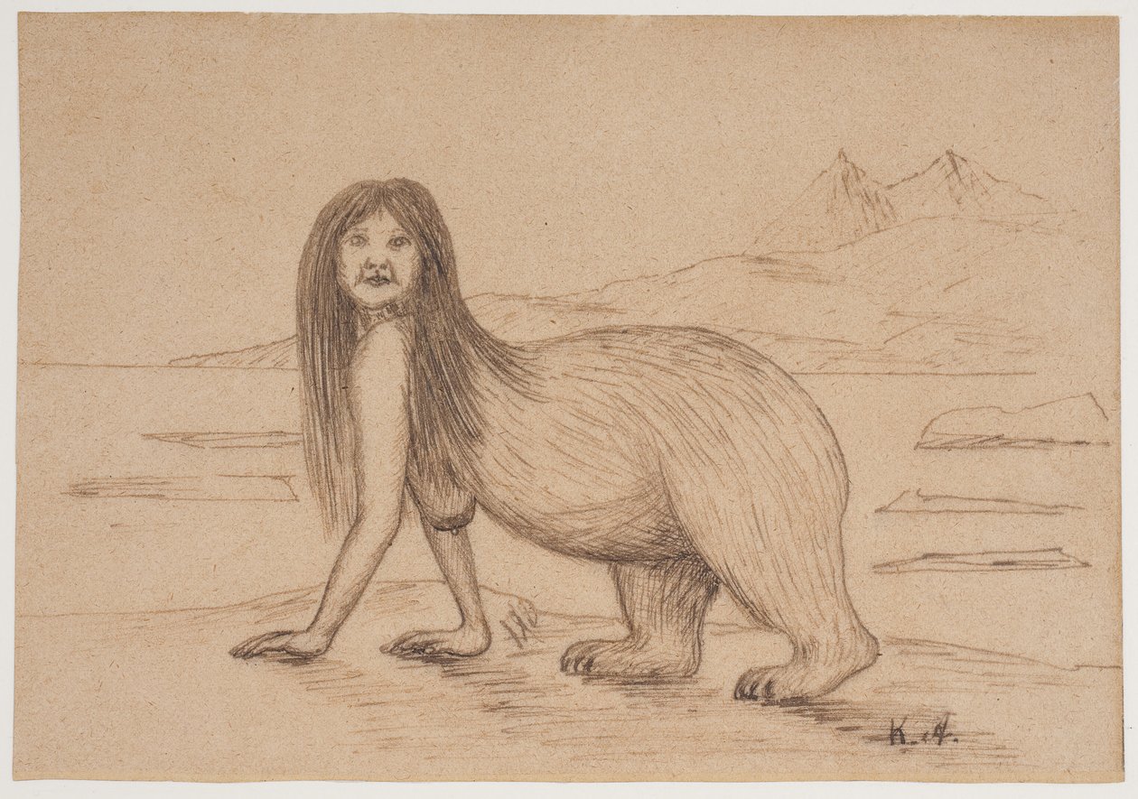 Mulher com uma parte traseira do corpo de um urso de gelo (ilustração para uma lenda inuit) de Kaarale Andreassen