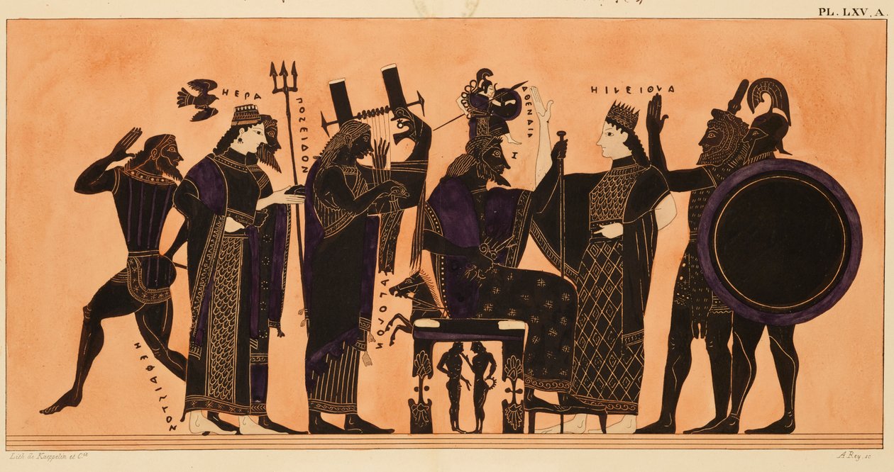 Impressão da decoração em uma ânfora grega, mostrando Hefesto, Hera, Poseidon, Apolo, Zeus, Atena, Eileithia, Héracles e Ares, c. 1844 (aquarela e bodycolour sobre litografia em papel trançado) de Kaeppelin et Compagnie