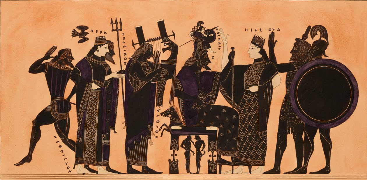 Impressão da decoração em uma ânfora grega, mostrando Hefesto, Hera, Poseidon..., c1844. de Kaeppelin et Compagnie