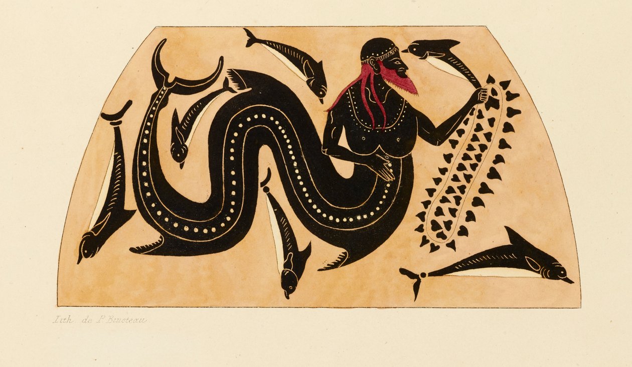 Impressão da decoração em uma ânfora grega, mostrando Poseidon acompanhado por golfinhos, c1858. de Kaeppelin et Compagnie