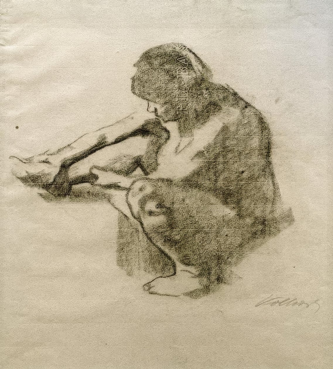 Mulher sentada no perfil à esquerda de Käthe Kollwitz