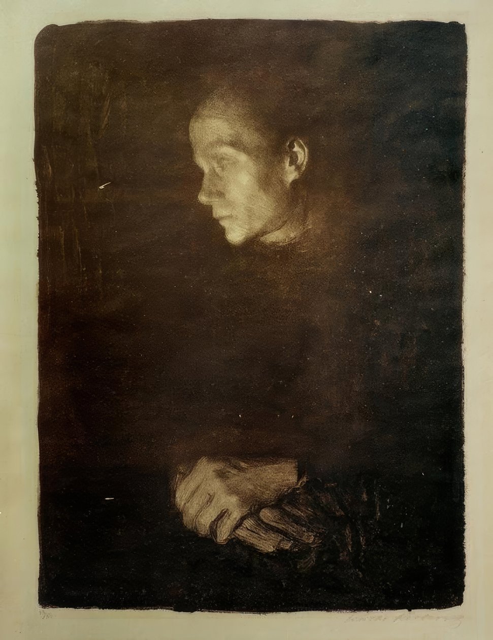 Trabalhador mulher de perfil à esquerda de Käthe Kollwitz