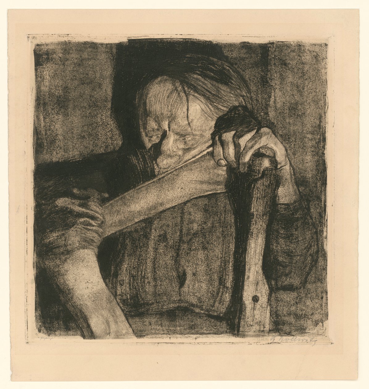 A afiar a foice (folha 3 de «Guerra dos Camponeses», quinto estado) de Käthe Kollwitz