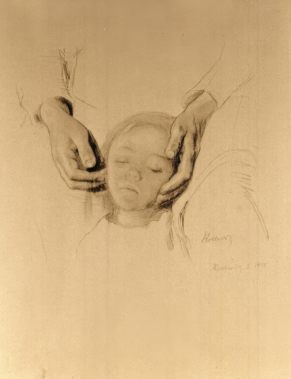 K.Kollwitz, cabeça de uma criança nas mãos. de Käthe Kollwitz