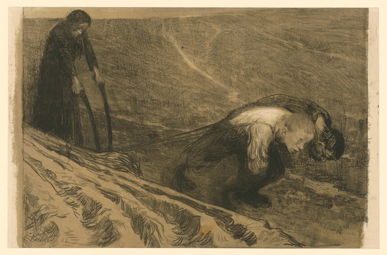 Puxador de arado e mulher (Versão rejeitada para a prancha 1 de « Guerra dos Camponeses », primeiro estado) de Käthe Kollwitz