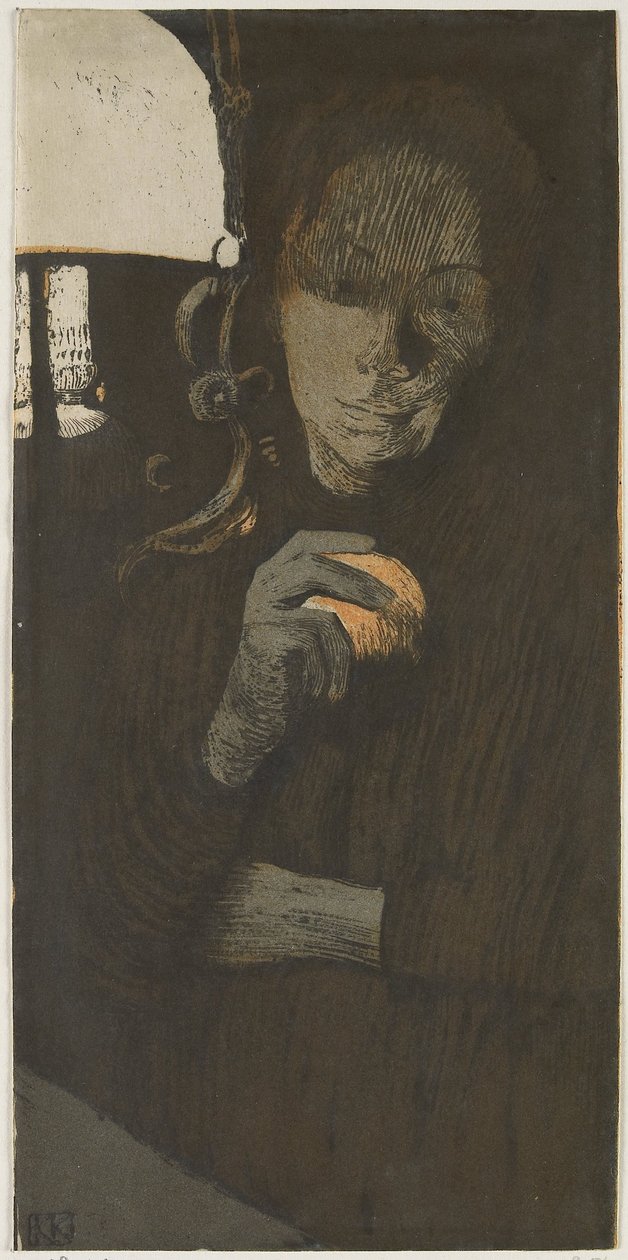 Retrato de uma mulher desconhecida com uma laranja por uma lâmpada
Frau mit Orange (título original) de Käthe Kollwitz