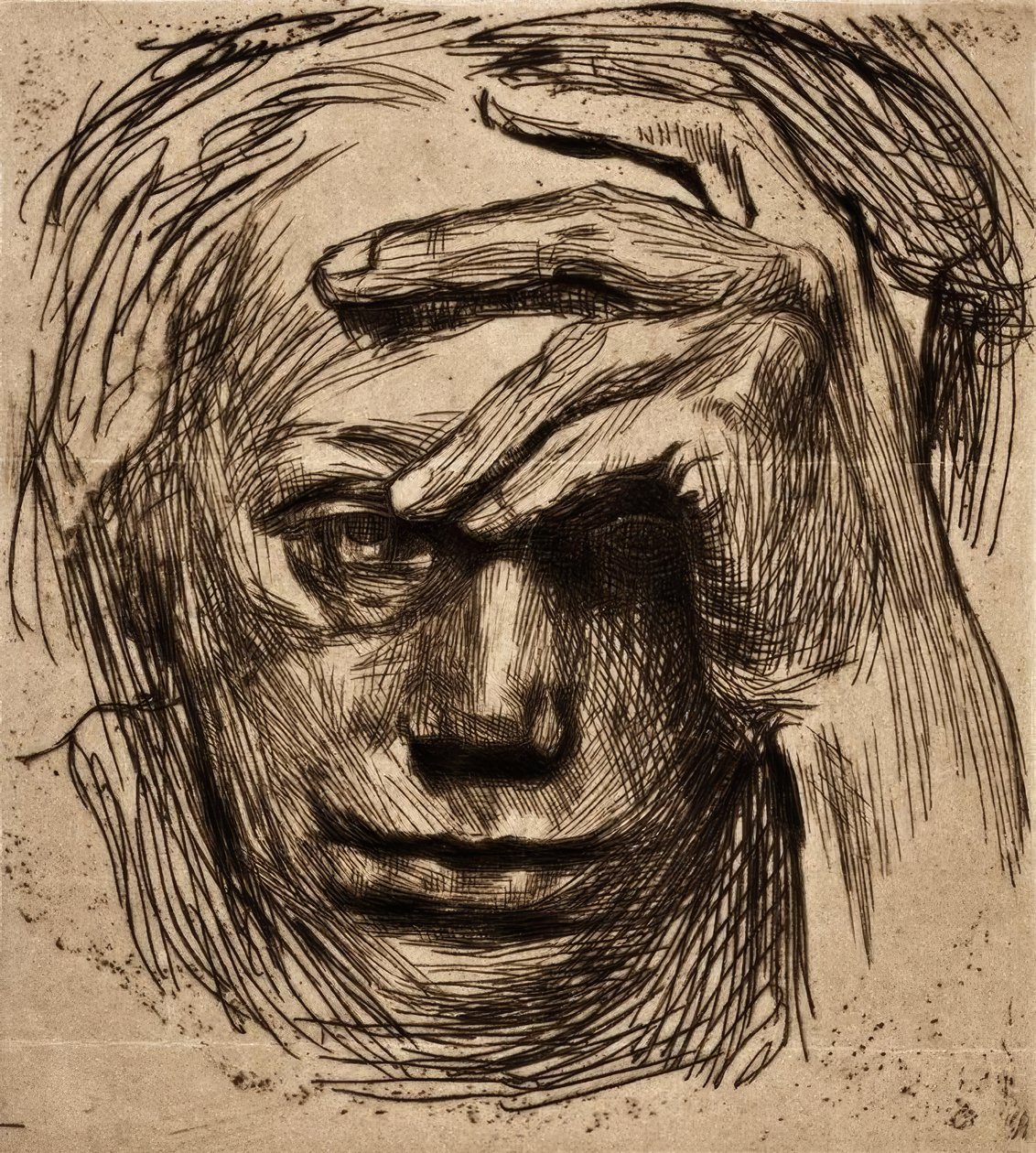Auto-retrato com a mão na testa de Käthe Kollwitz