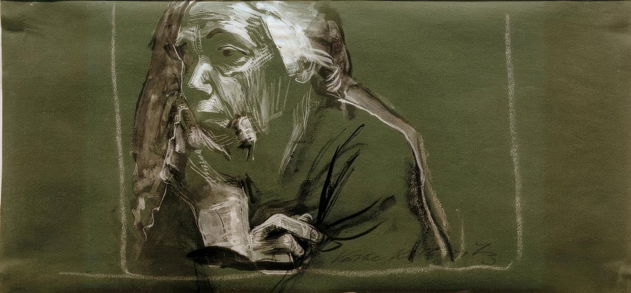 Auto-retrato para a esquerda com a mão no queixo de Käthe Kollwitz