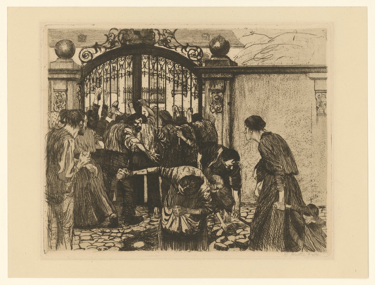 Assalto (folha 5 de «Uma revolta de tecelões», 2.º estado) de Käthe Kollwitz