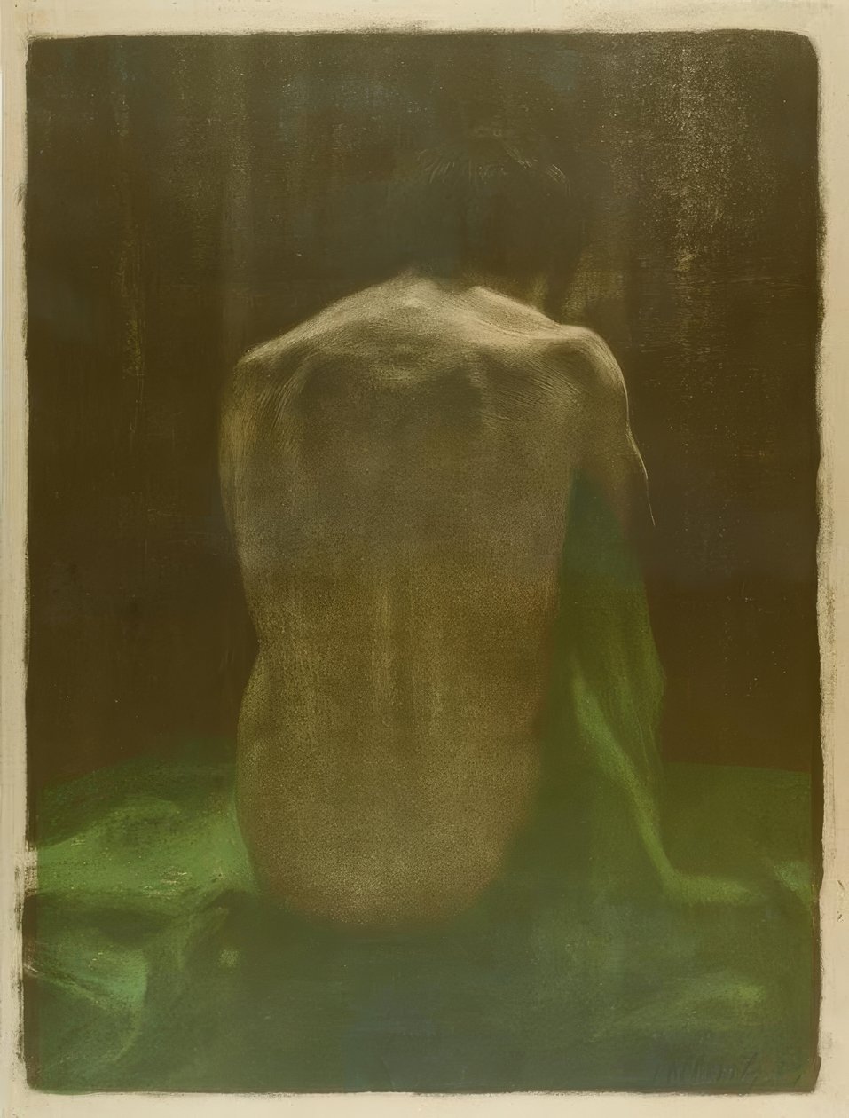 Nu traseiro feminino na toalha verde de Käthe Kollwitz