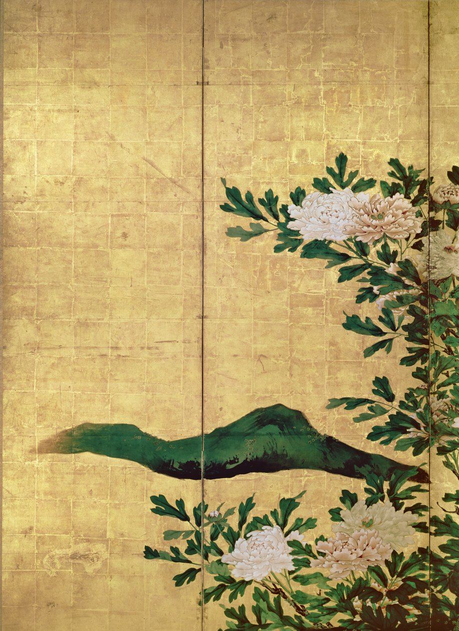 Detalhe de Flores (tinta, cores e ouro sobre papel) de Kaiho Yusho
