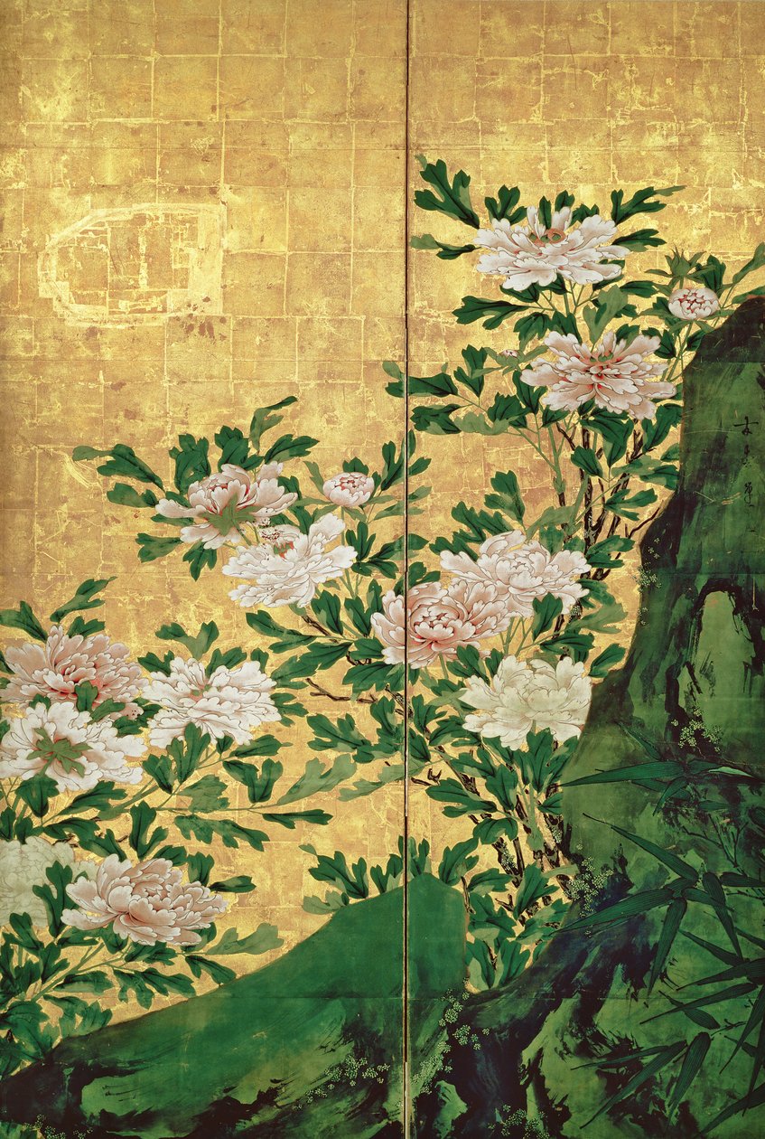Detalhe de Flores (tinta, cores e ouro sobre papel) de Kaiho Yusho