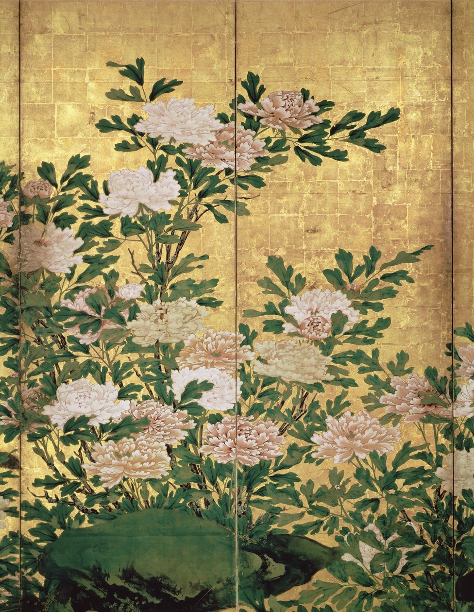 Detalhe de tinta de flores, cores e ouro em papel de Kaiho Yusho