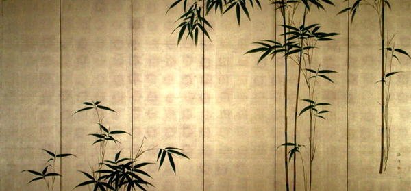 Bambu jovem, c.1850 (cores sobre folha dourada aplicada sobre papel) de Kaisen Oda