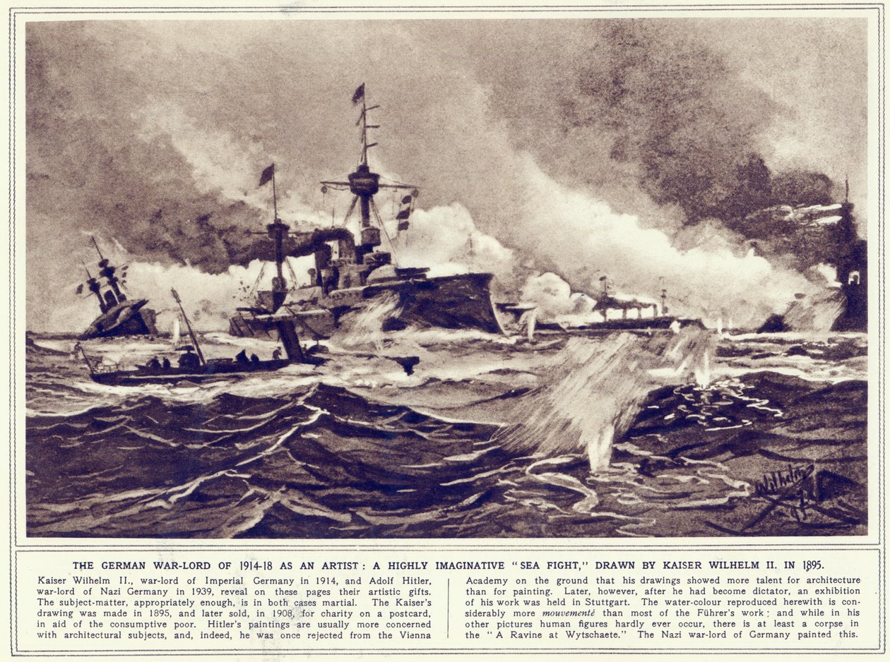 Uma luta no mar, pintada em 1895 e publicada em &39;The Illustrated War News&39;, 1 de novembro de 1939 de Kaiser Wilhelm II