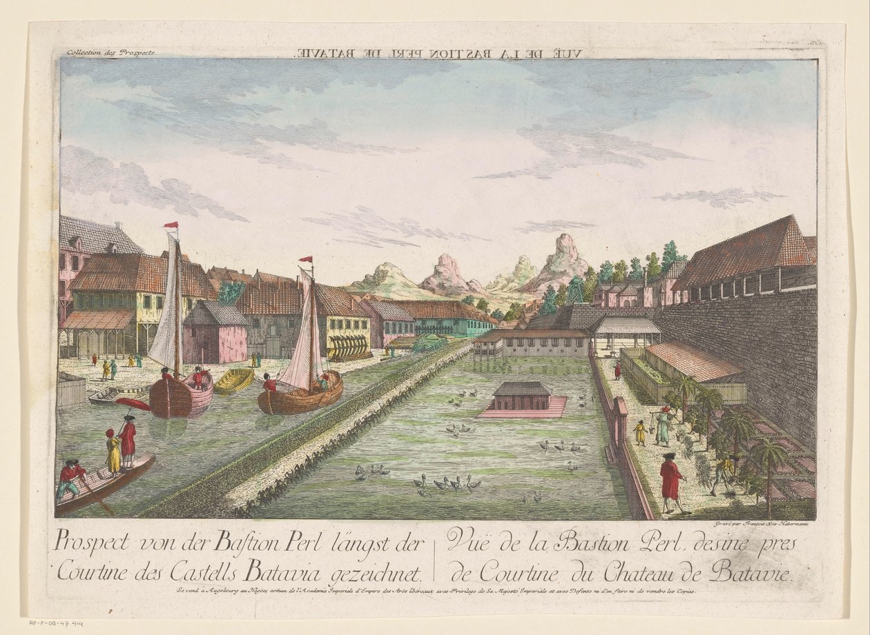 Vista do bastião do canto Pérola, parte do Castelo de Batavia
Prospect von der Bastion Perl längst der Courtine des Castells Batavia gezeichnet (título sobre o objecto) de Kaiserlich Franziskische Akademie