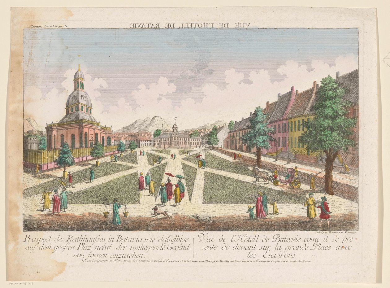 Gezicht op het stadhuis en de Nieuwe Hollandse Kerk te Batavia Perspectiva da prefeitura em Batávia como a mesma na grande praça para ver junto com a área circundante de fornen (título no objeto) de Kaiserlich Franziskische Akademie