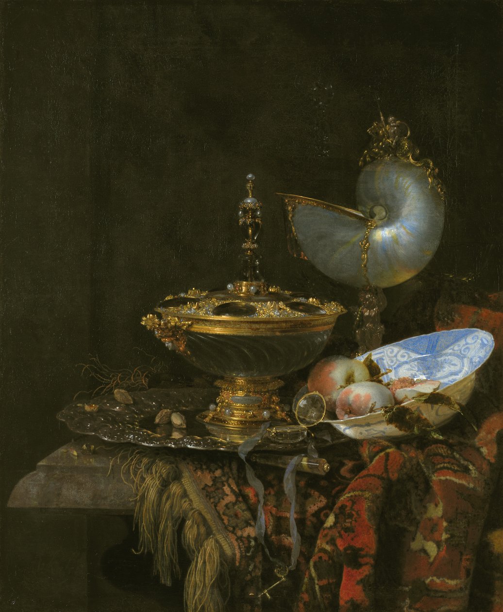 Pronk Still Life com Holbein Bowl, Nautilus Cup, Taça de Vidro e Prato de Frutas de Kalf
