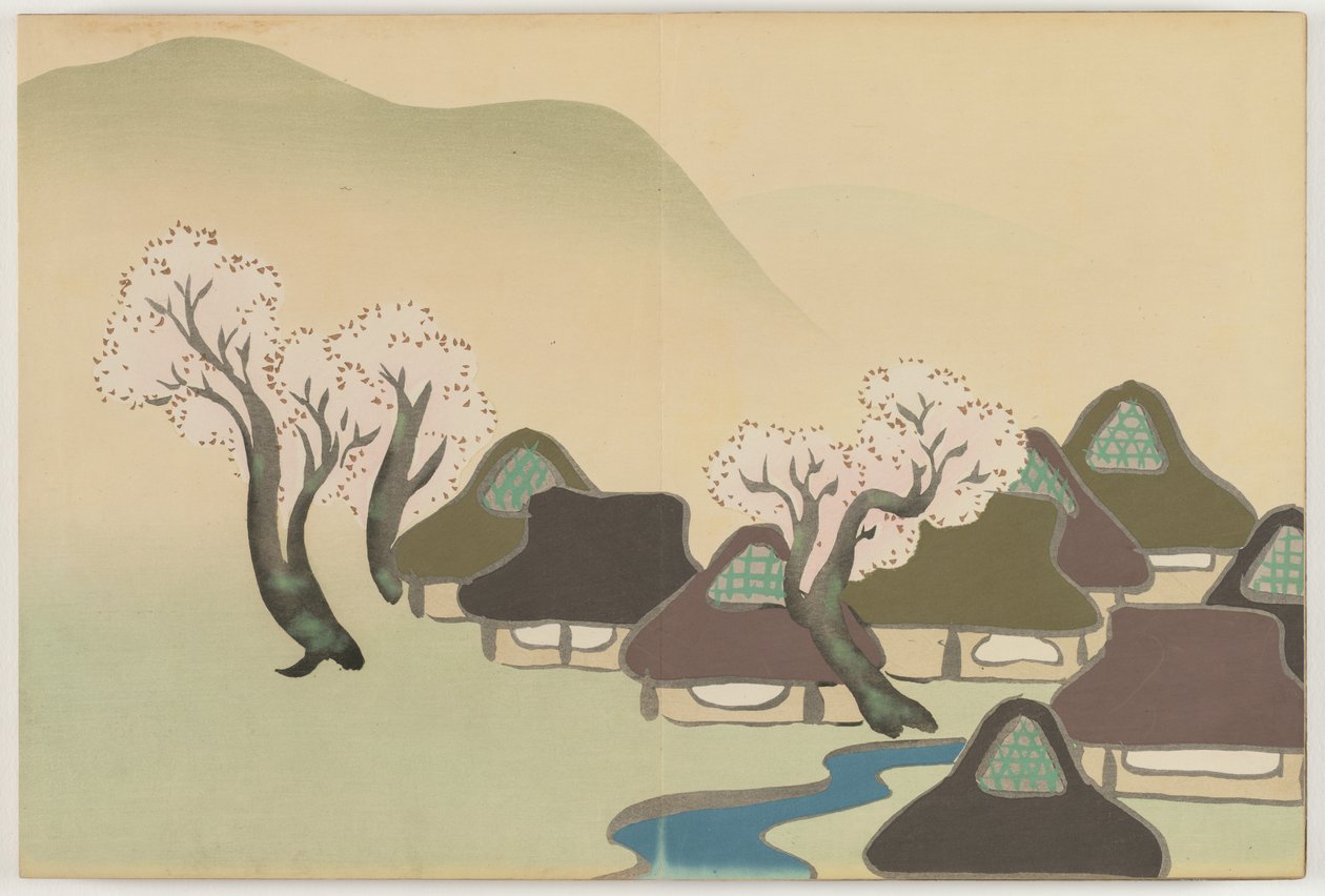 Flowers of a Hundred Worlds (Momoyogusa): Farming Village in Spring (Harudenka) de Kamisaka Sekka